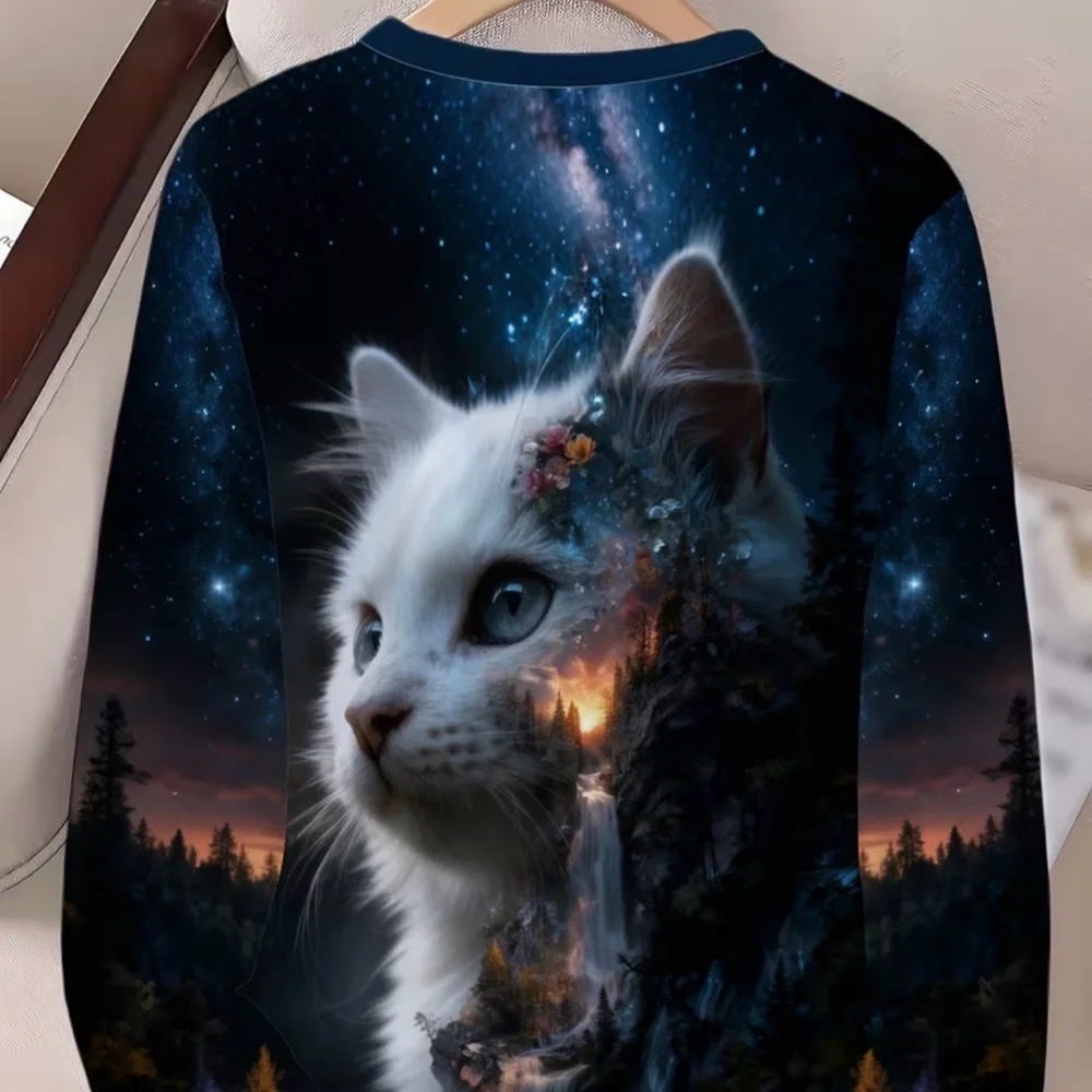 White Cat Galaxy Print Long Sleeved Shirt